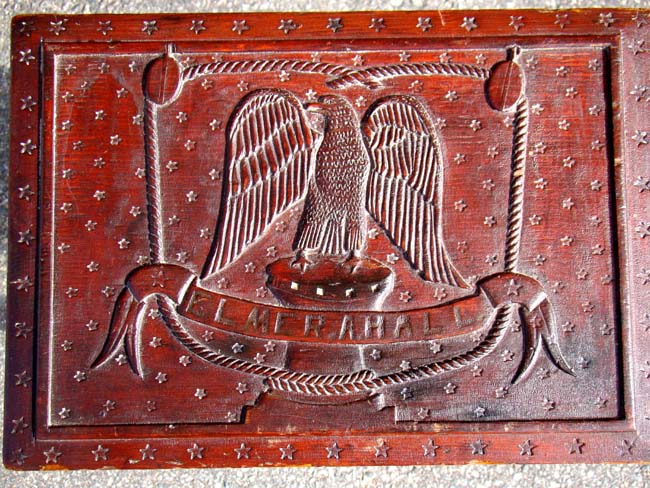 A 19th century Sailor Carved Chest with name "Elmer A. Hall" and Illustrated in 'JACK TAR, A Sailor's Life 1750-1910' by J. Welles Henderson, p. 123.